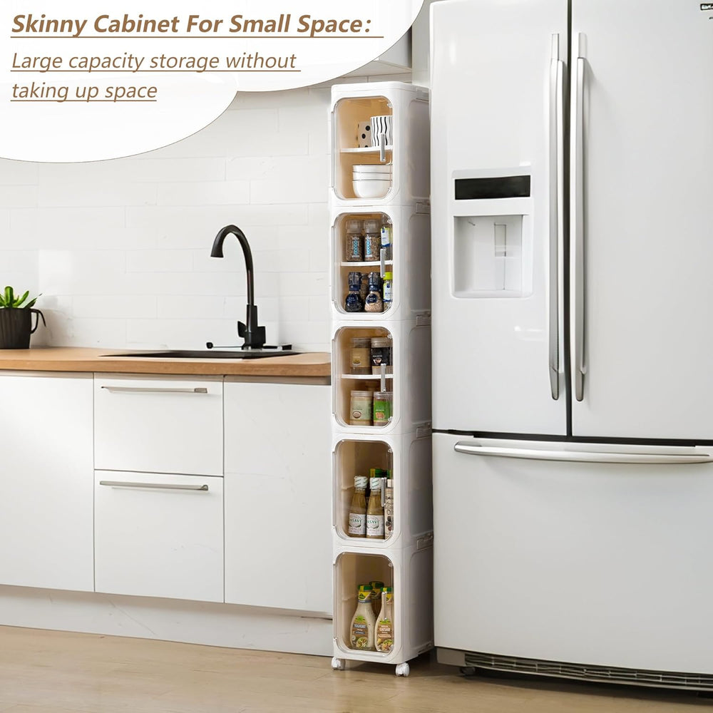 5-Tier Narrow Storage Cabinet Slim Bathroom Tall Skinny Organizer,Beige