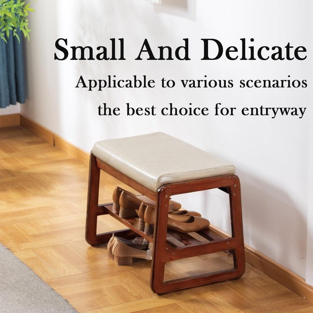 latifolia Solid Wood Bench, Entryway Shoe Bench with Cushion, 2 Tier Shoe Sto...