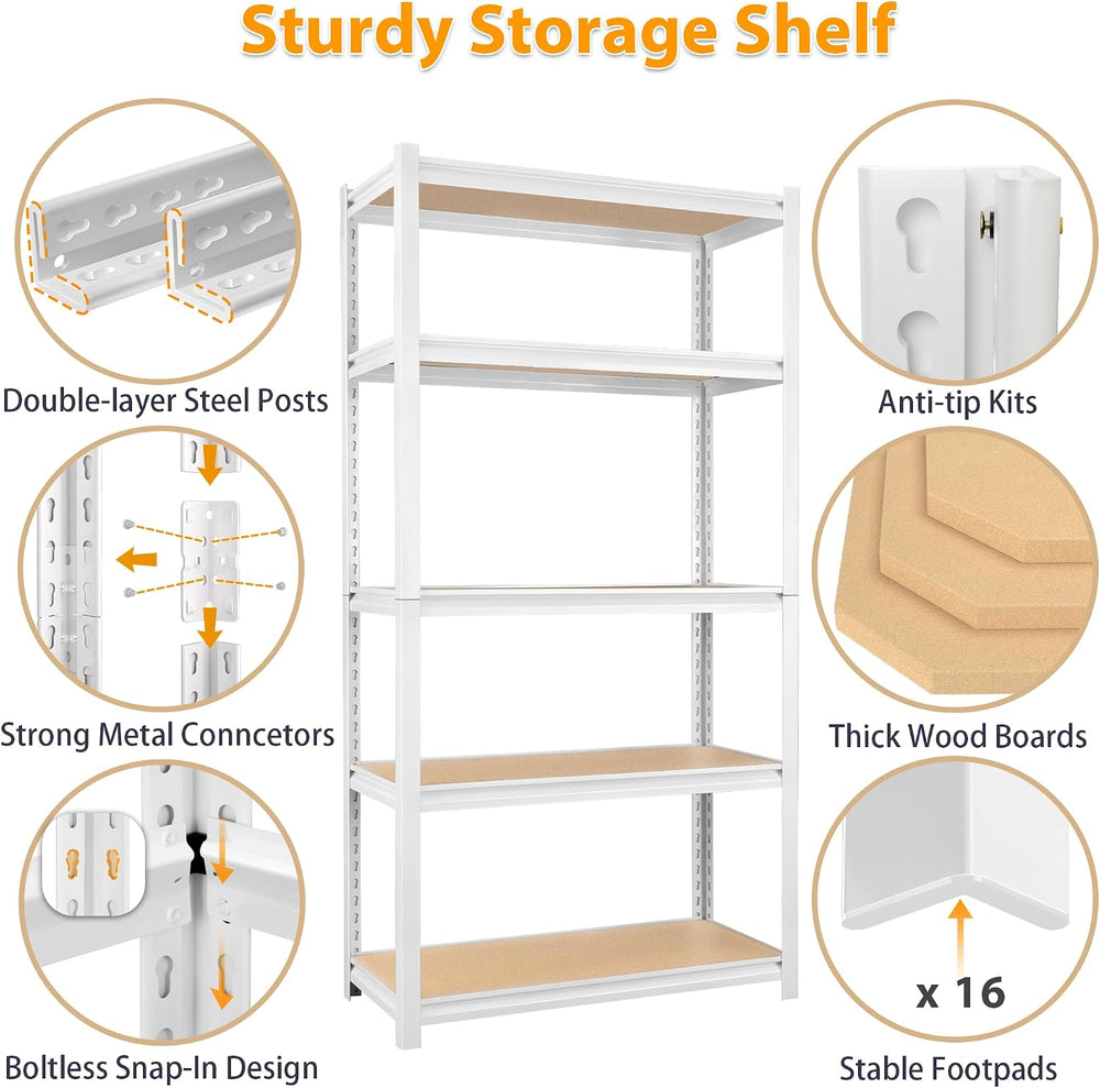 5 Tier White Storage Shelves - Adjustable Pantry Shelves Metal Closet Shelf, ...