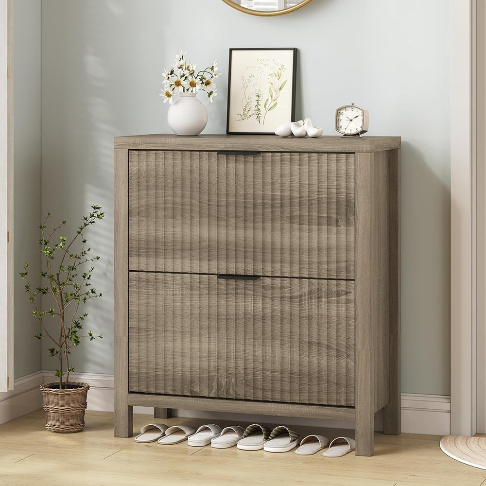 Fluted Shoe Cabinet Storage with 2 Flip Drawers for Entryway, Hallway