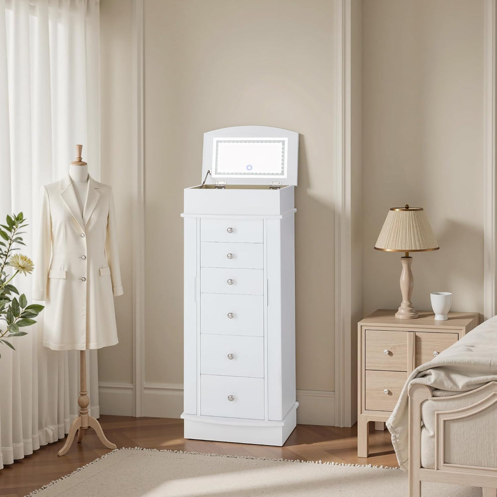 IRONCK Jewelry Cabinet with LED Mirror and 6 Drawers, White
