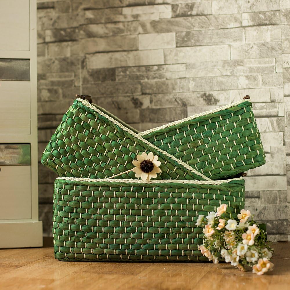 Kingwillow Baskets Woven Maize Storage Bins Set of 3 (Green,Rectangular)