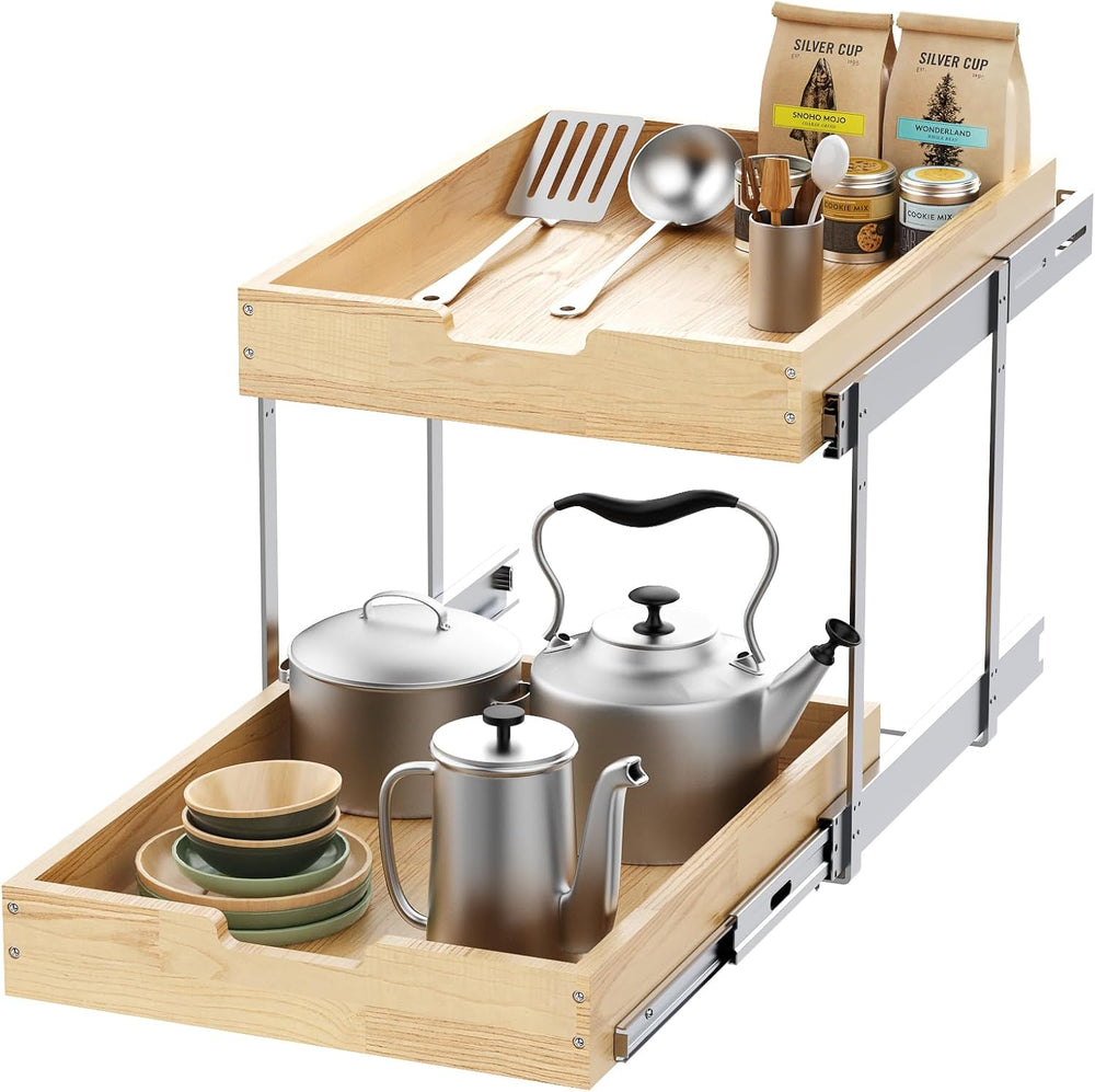 Sikarou Wood Pull Out Cabinet Organizer 2 Tie 14" W x 21" D, Heavy-...