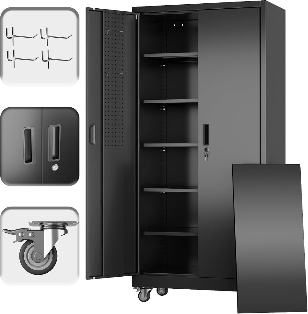 Reemoon Metal Storage Cabinet with Wheels and Pegboard, 71 in, Black
