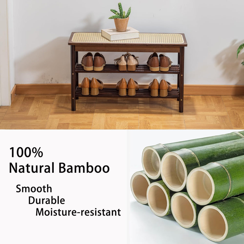latifolia Shoe Rack Bench, 3-Tier Bamboo Shoe Bench with Breathable Rattan Se...