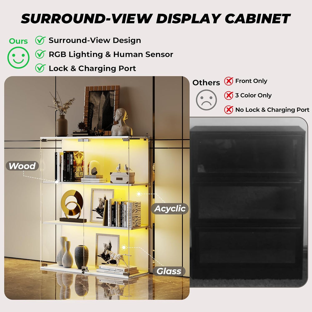 VersionTECH. Glass Display Cabinet with RGB LED Lights, Full-View Display, 3-...