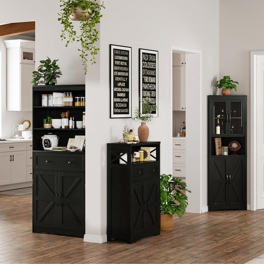 Black Farmhouse Storage Cabinet with Doors and Drawers, Small Pantry Hutch