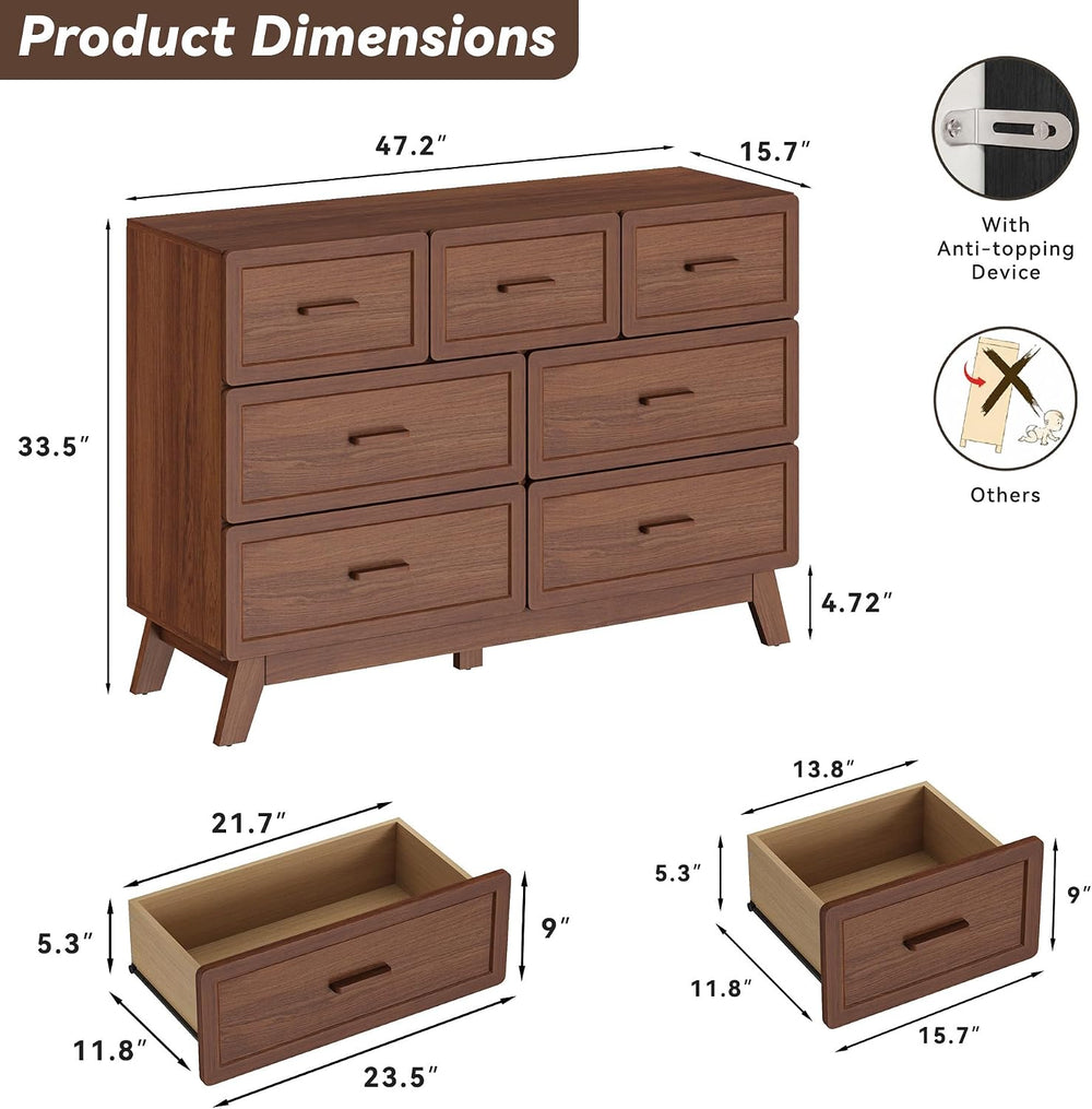 YANSNWO Walnut 7 Drawer Dresser for Bedroom, 47" Wide Chest of Drawers