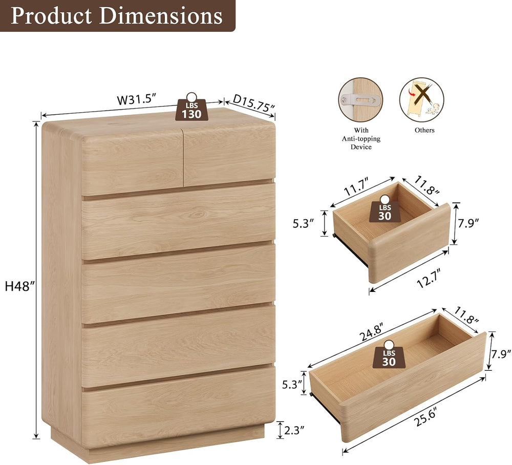 YANSNWO Natural Oak 6 Drawer Dresser for Bedroom, 48" Tall Chest of Drawers