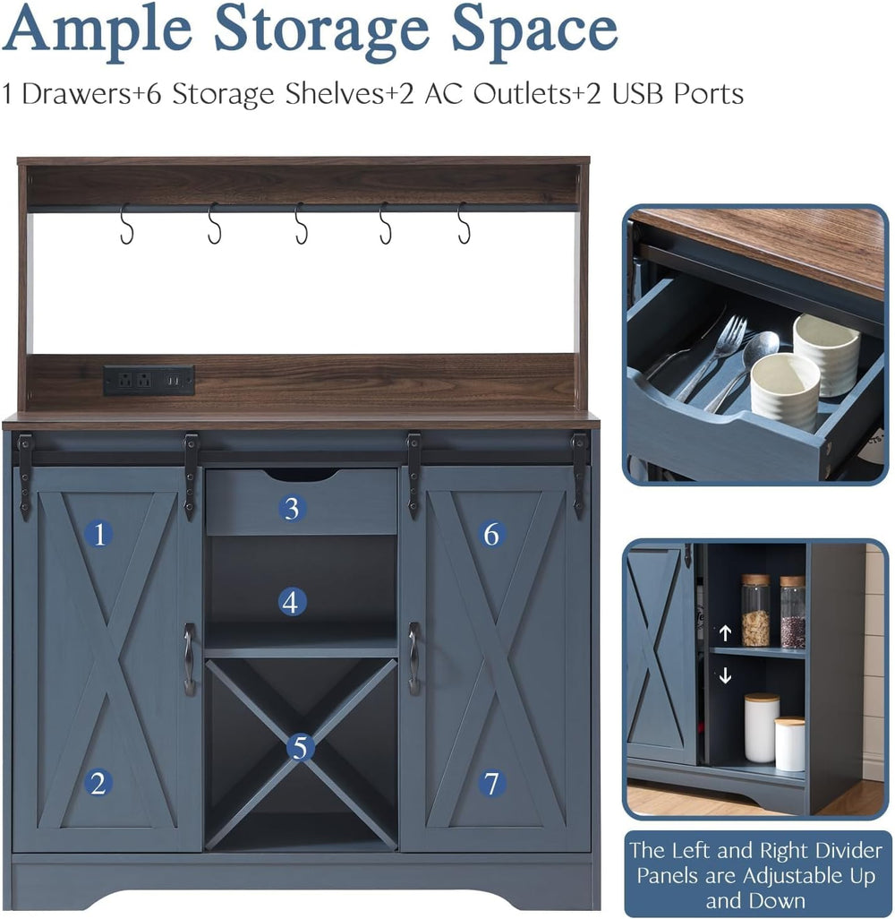 Wnutrees Farmhouse Coffee Bar Cabinet with Charging Station and USB, Blue