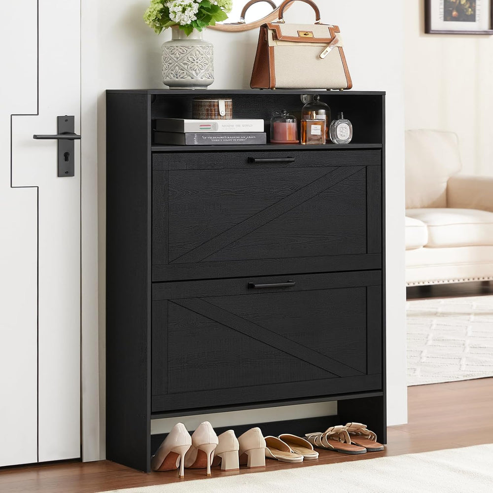 RWYHG Shoe Cabinet with 2 Flip Drawers, Narrow Entryway Organizer,Black