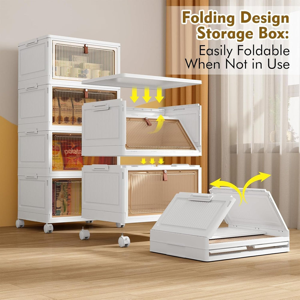4-Tier Foldable Plastic Drawer Storage with Wheels,Stackable Storage Bins wit...