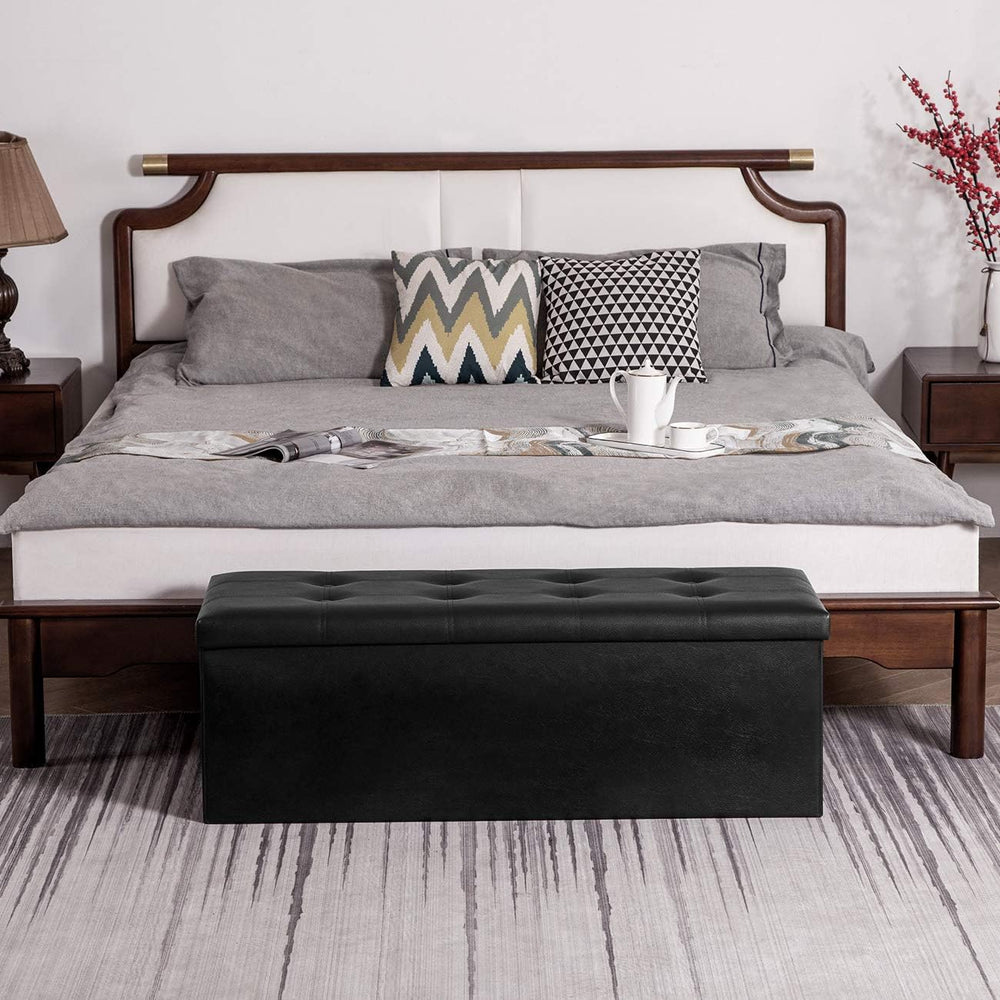 YOUDENOVA 43" Ottoman with Storage, Folding Faux Leather Bench, Black