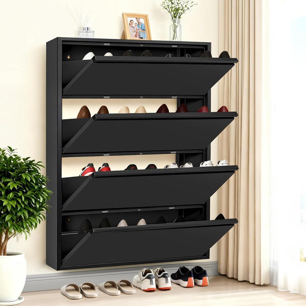 Shoe Storage Cabinet with 4 Flip Drawers, Hidden Slim Narrow Shoe Rack Cabine...