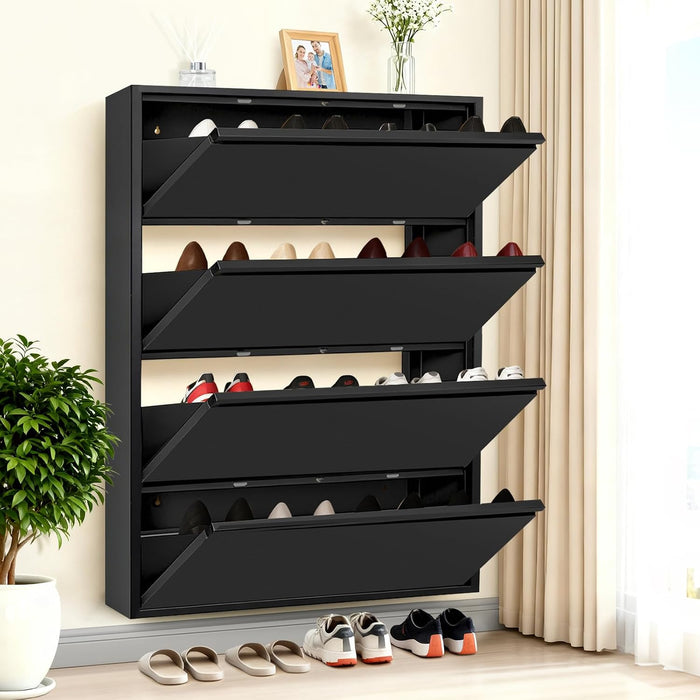 Shoe Storage Cabinet with 4 Flip Drawers, Hidden Slim Narrow Shoe Rack Cabinet, Wall Mount Metal Shoe Cabinet for Entryway, Black
