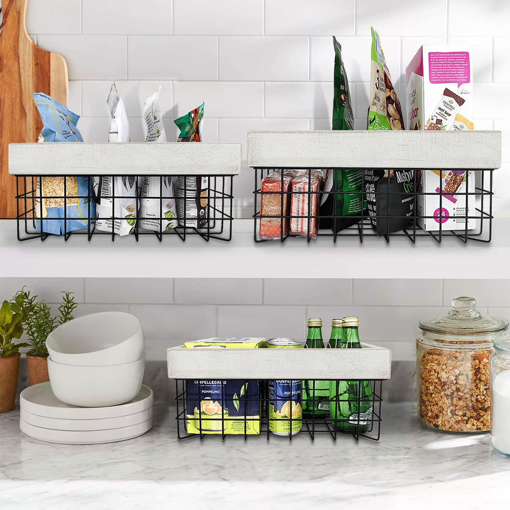 Set of 3 Metal Wire Baskets for Organizing Wood Top with Handles Storage Orga...