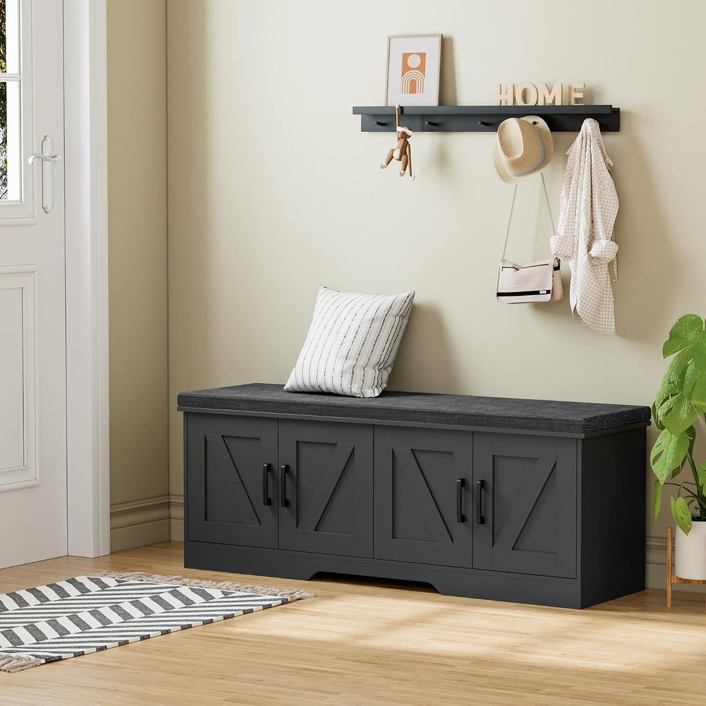 HOMSHO Farmhouse Shoe Storage Bench with 4 Barn Doors & Padded Seat Cushion