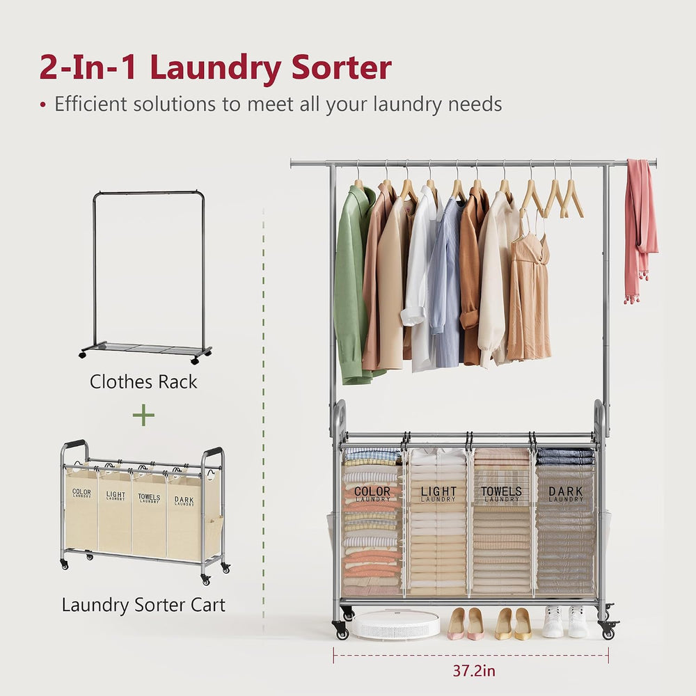 Tajsoon Laundry Hamper with Hanging Rack, Laundry Sorter 4 Sections, Beige