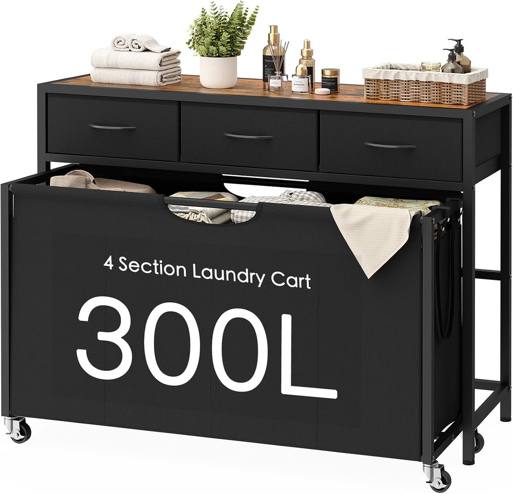 Laundry Sorter, Rolling Laundry Hamper with 4 Section Pull-Out Bags, 300L Lar...