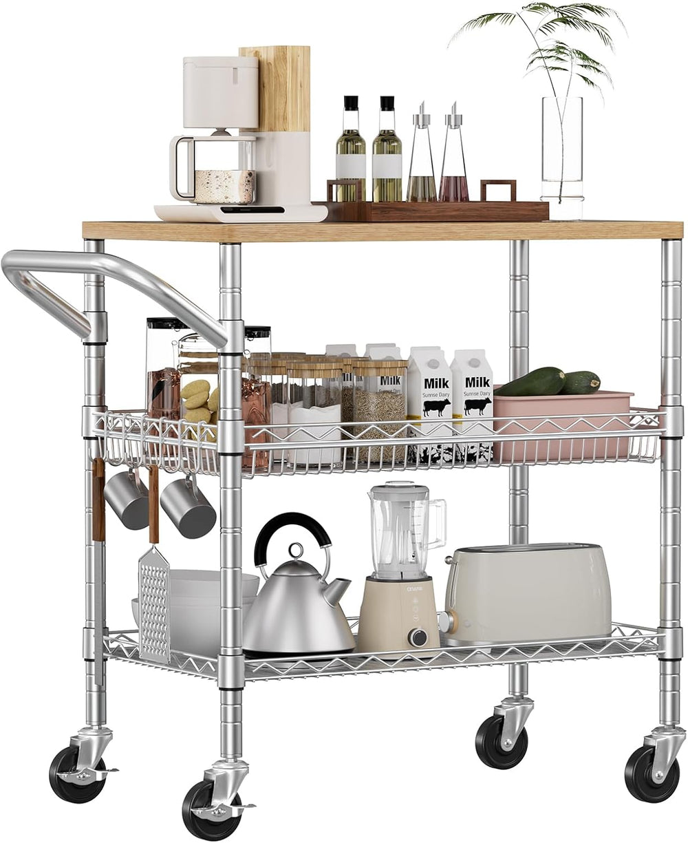 3 Tier Rolling Kitchen Carts with Wheels, Heavy Duty Rolling Utility Cart wit...