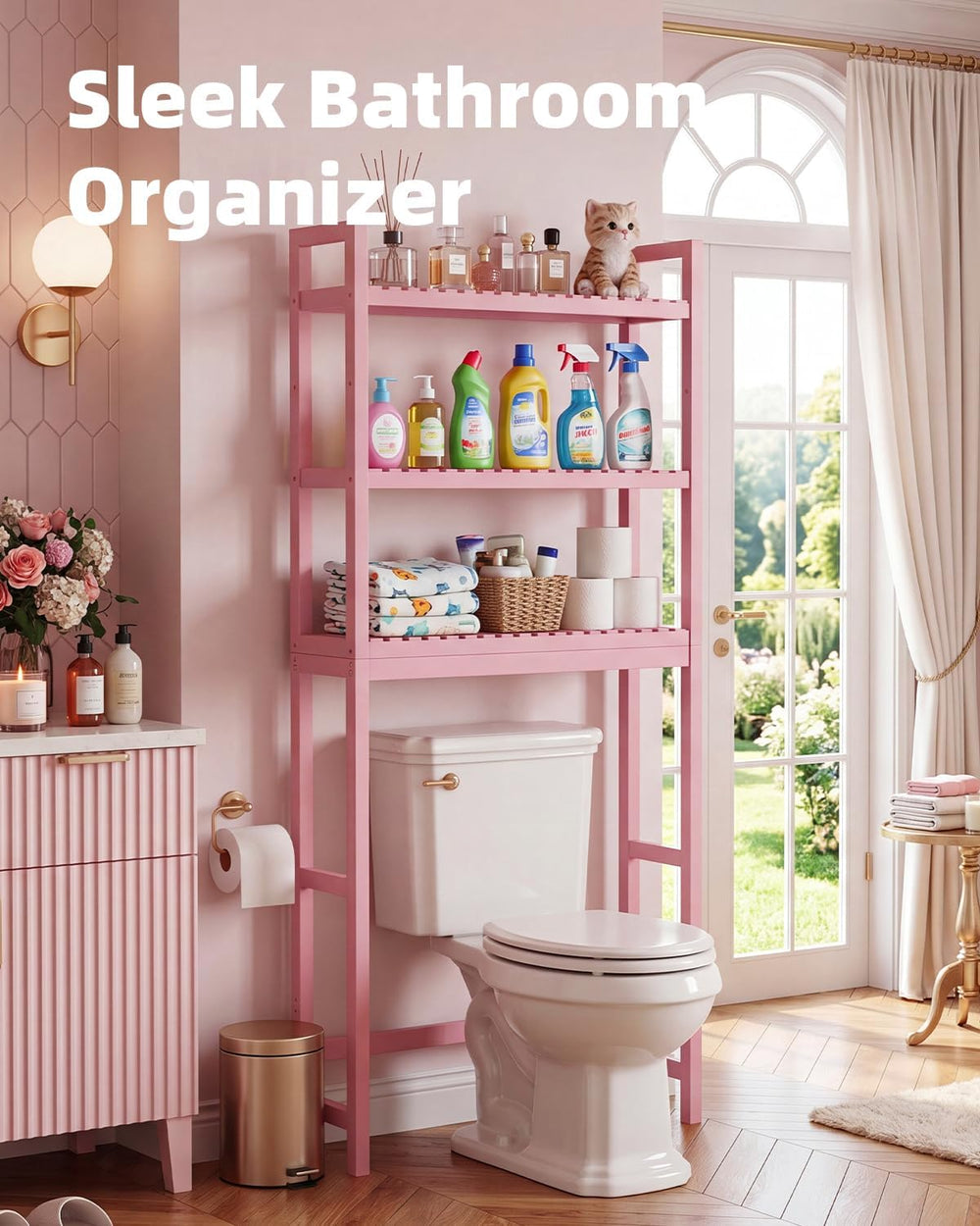 SMIBUY Bathroom Storage Shelf, Bamboo Over-The-Toilet Organizer Rack, Freesta...