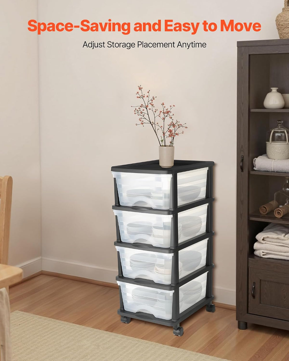 VEVOR Plastic Storage Drawers Cart, 4 Drawers Storage Organizer with Wheels, ...