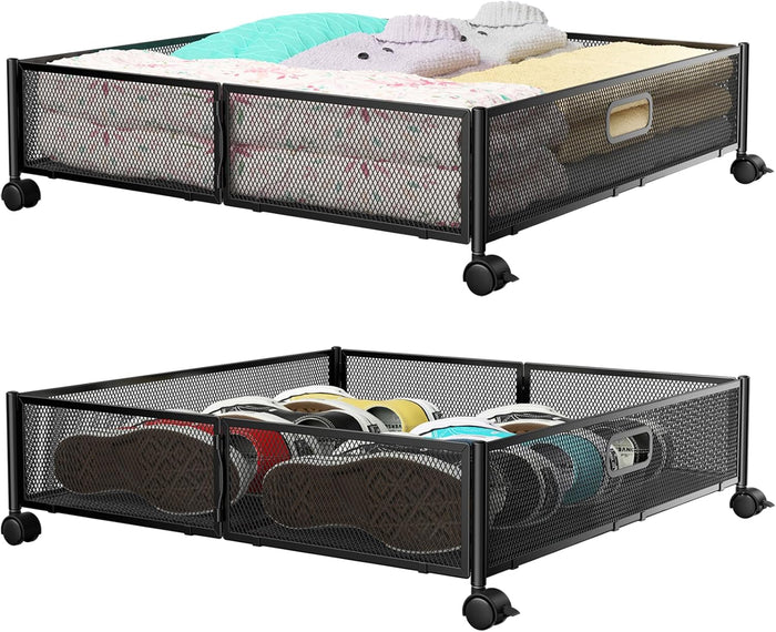 PHINOX Under Bed Storage with Wheels & Handle,Metal,Large,2 Pack,Black