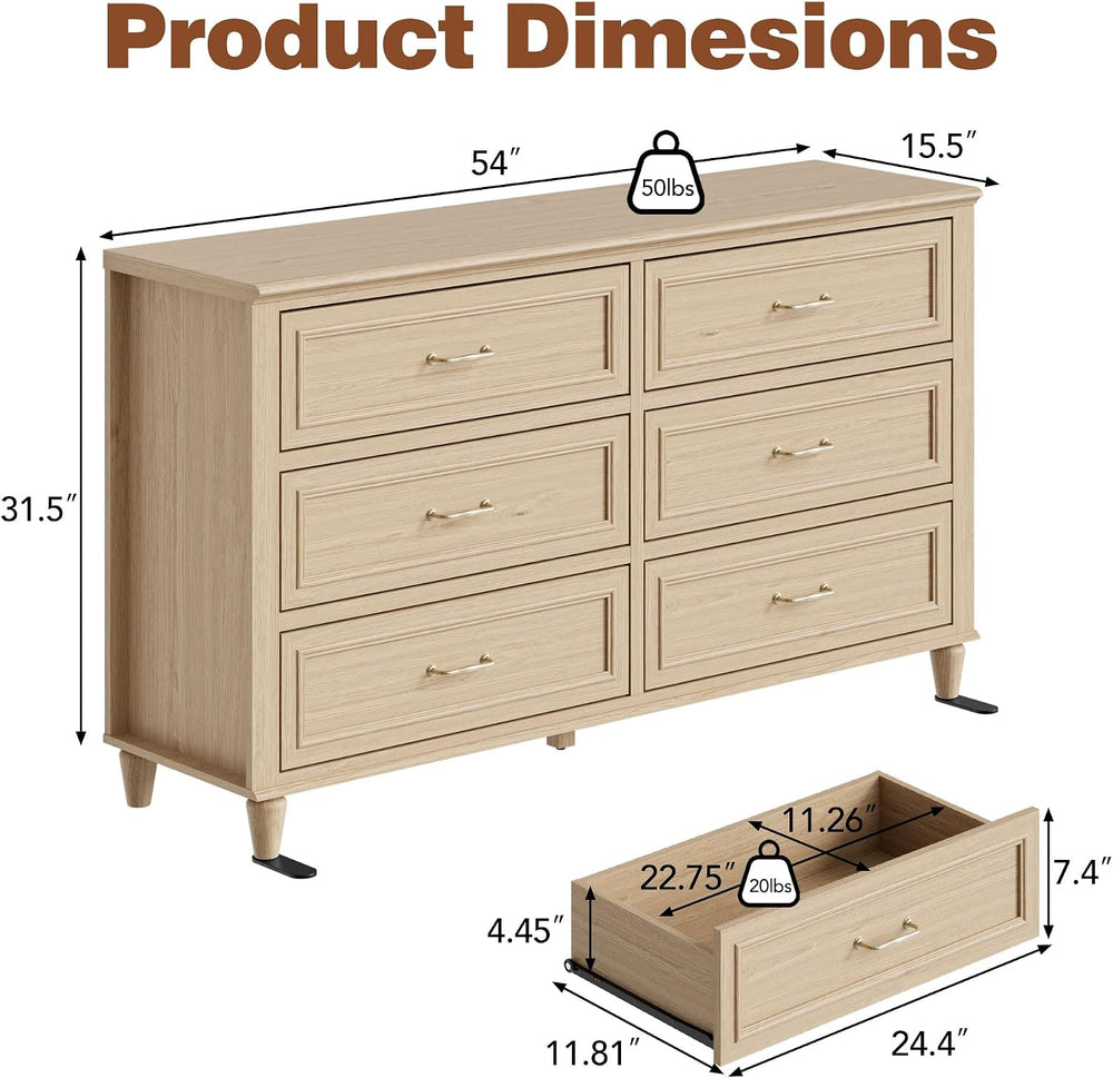 6 Drawer Dresser for Bedroom, 54" Wide Modern Closet Chest of Drawers wi...