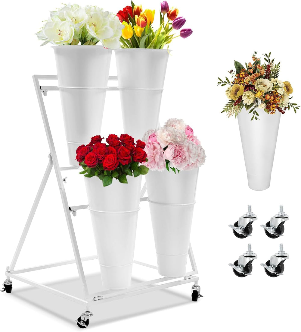 Flower Display Stand with 4 Buckets, 2-Tiers Metal Mobile Florist Bouquet Sta...