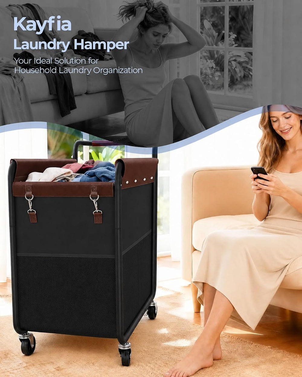 Kayfia 180L Rolling Laundry Hamper, Laundry Basket with Wheels, Black