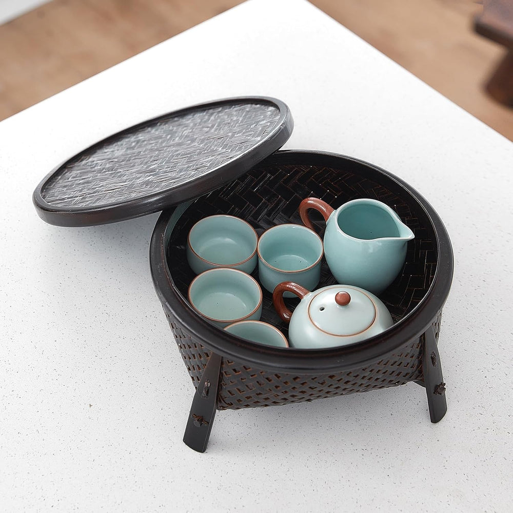 Handcrafted Natural Bamboo Woven Storage Basket with Lid, Vintage Round Dry T...