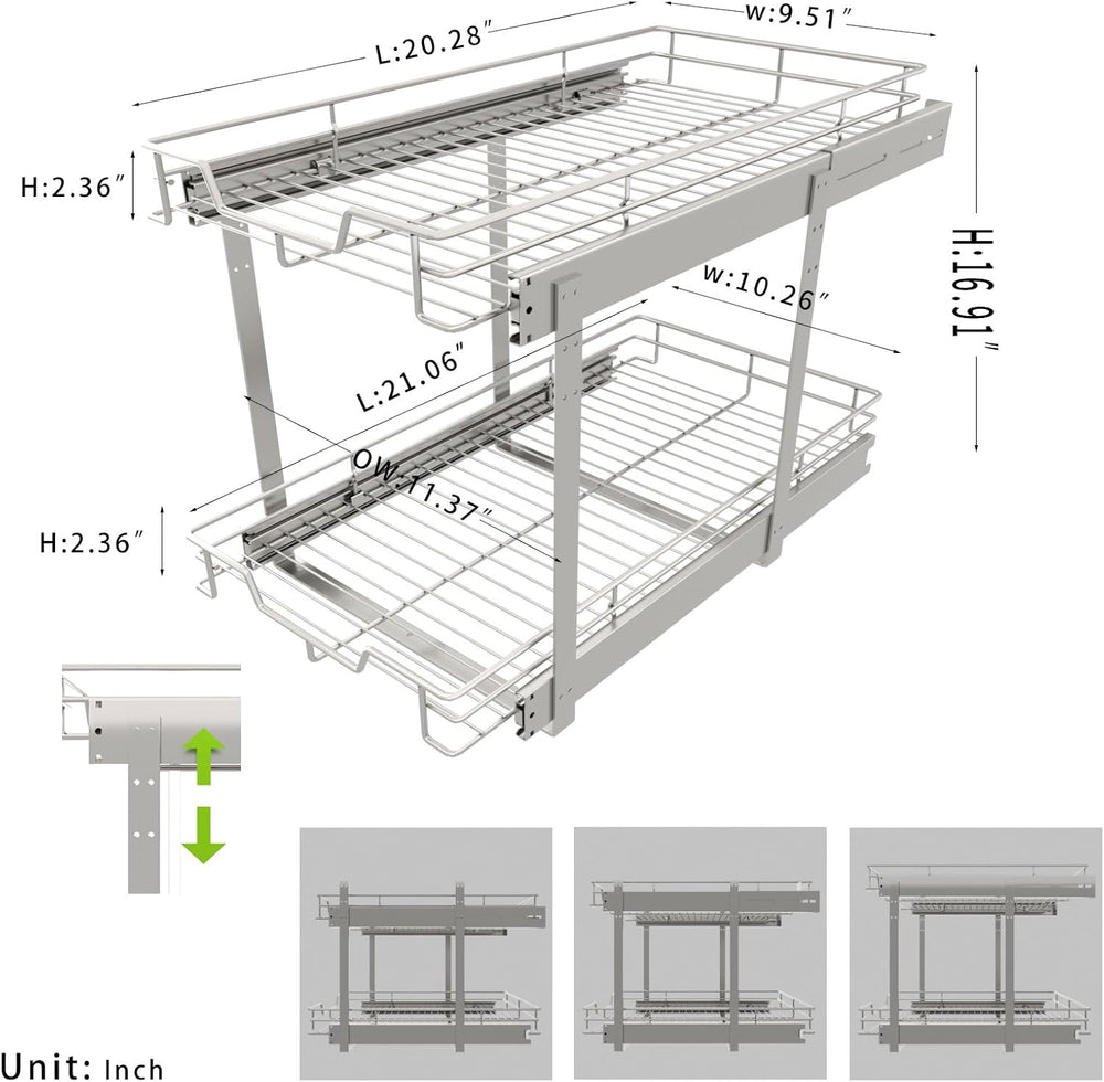 EZKAZA Pull Out Cabinet Organizer 11.5" W x 21" D, 2-Tier Kitchen C...