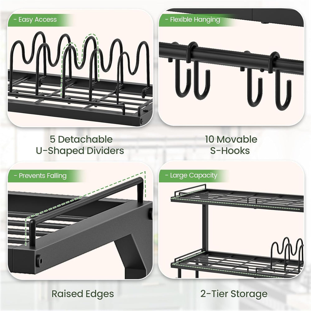 Pot Rack, Wall Mounted Pan Holder, 2-Tier Pot and Pan Organizer, Heavy Duty P...