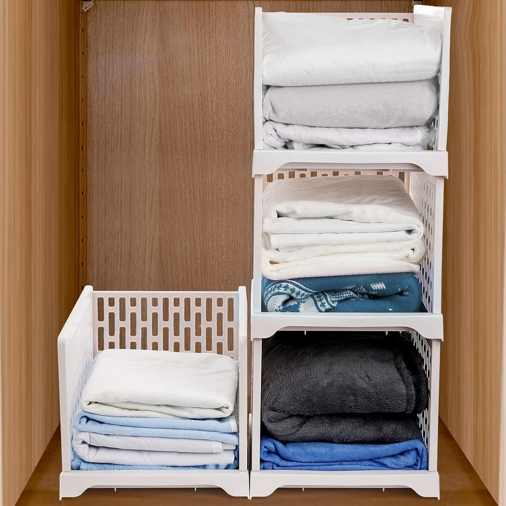 AVLA 4 Pack 38" Stackable Plastic Storage Basket, Plastic Foldable Close...