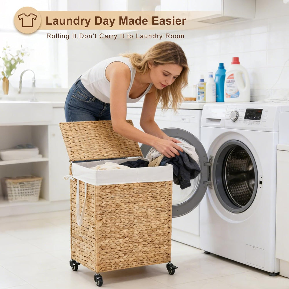 2-Section Laundry Hamper with Lid, Large Capacity Woven Natural Water Hyacint...
