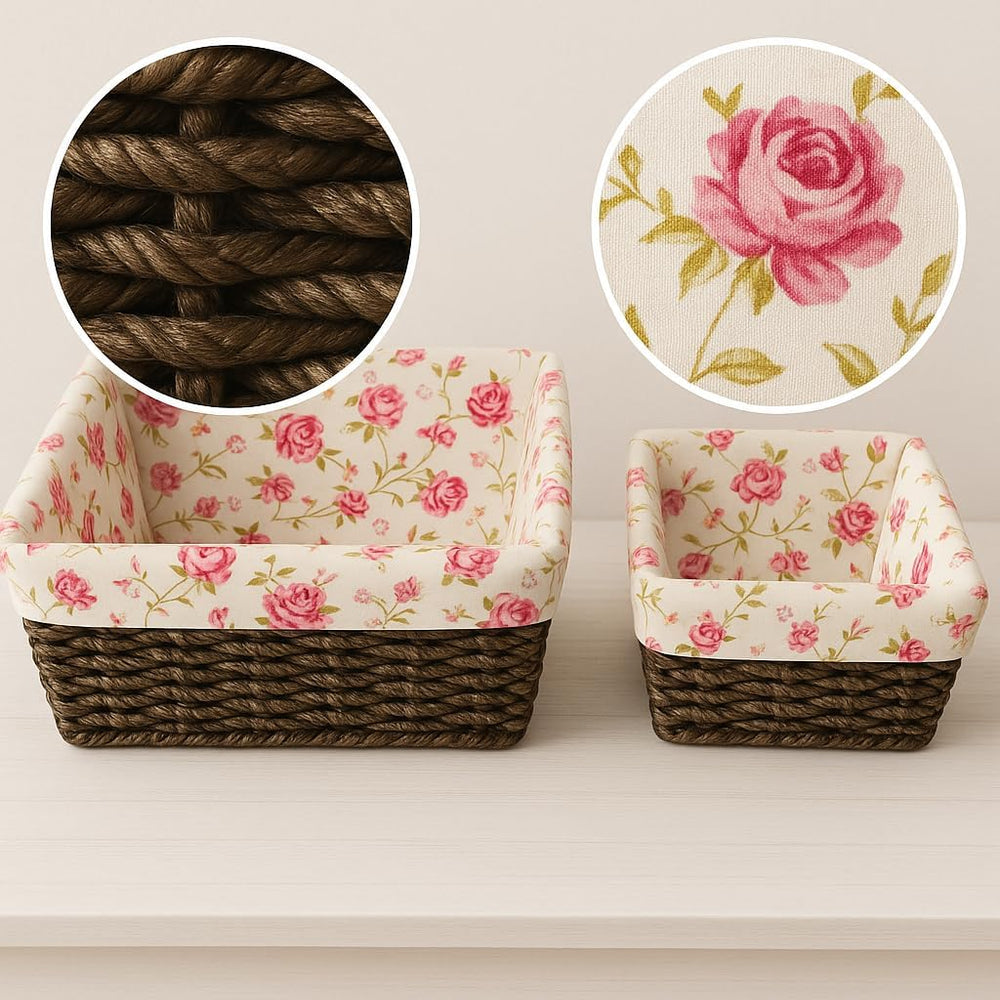 Set of 2 Corn Rope Woven Storage Baskets with Floral Fabric Liner, Decorative...