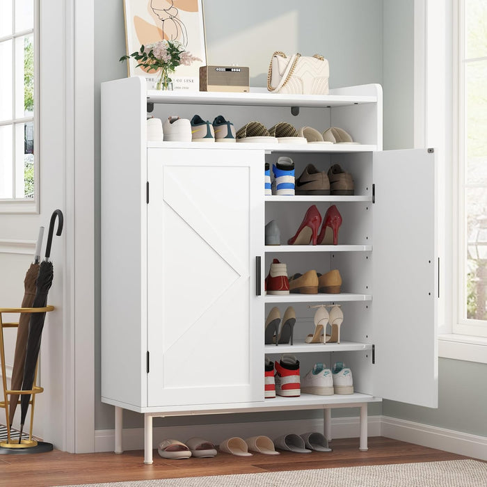 Garvee Shoe Storage Cabinet, 6-Tier Tall Shoe Cabinet for Entryway with Doors, Adjustable Shoe Rack Cabine with 4 Shelves & Metal Legs, Large Capacity White Farmhouse Shoe Organizer Cabinet