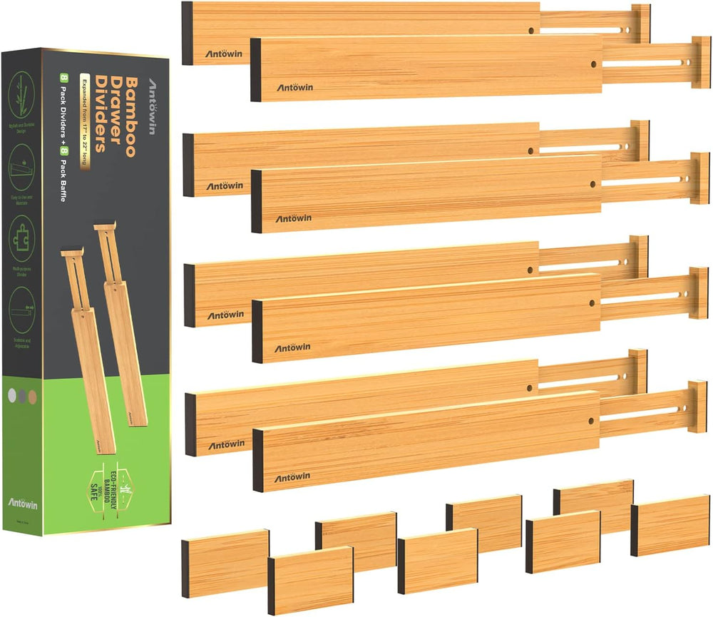 ANTOWIN Bamboo Drawer Dividers Organizers 16pcs, Expandable Drawer Separators...