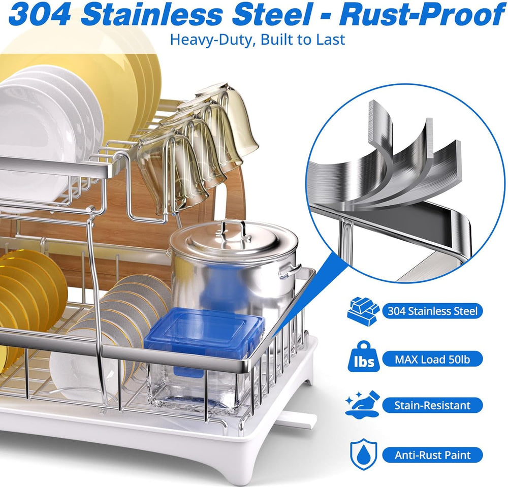 Godboat 2-Tier Dish Drying Rack - 304 Stainless Steel Dish Rack Auto Drain