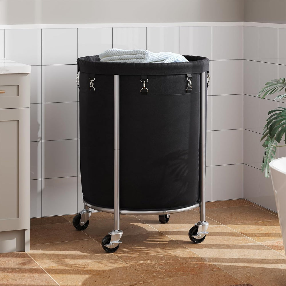 ELYKEN Laundry Basket with Wheels, Round Rolling Laundry Hamper, Black