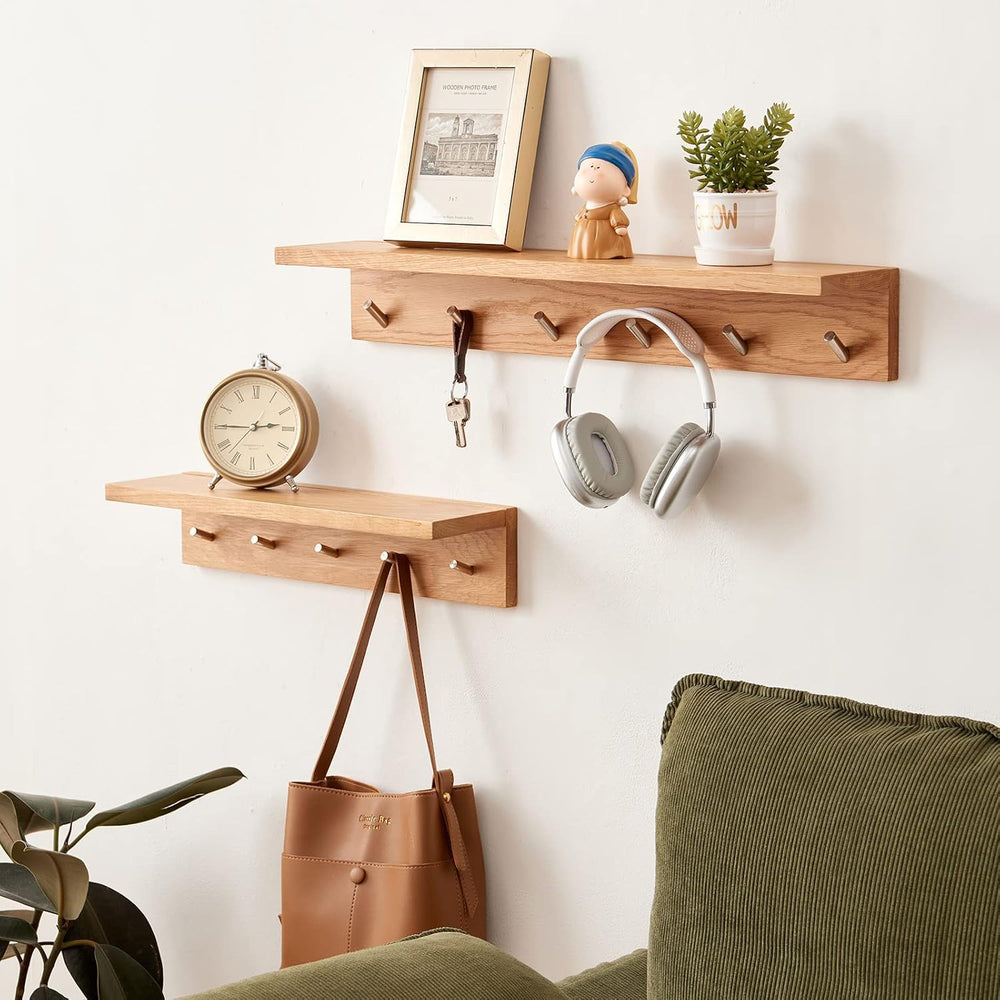 Coat Rack Shelf Wall Mounted Oak Wood Entryway Shelf with 5 Hooks Wall Coat H...