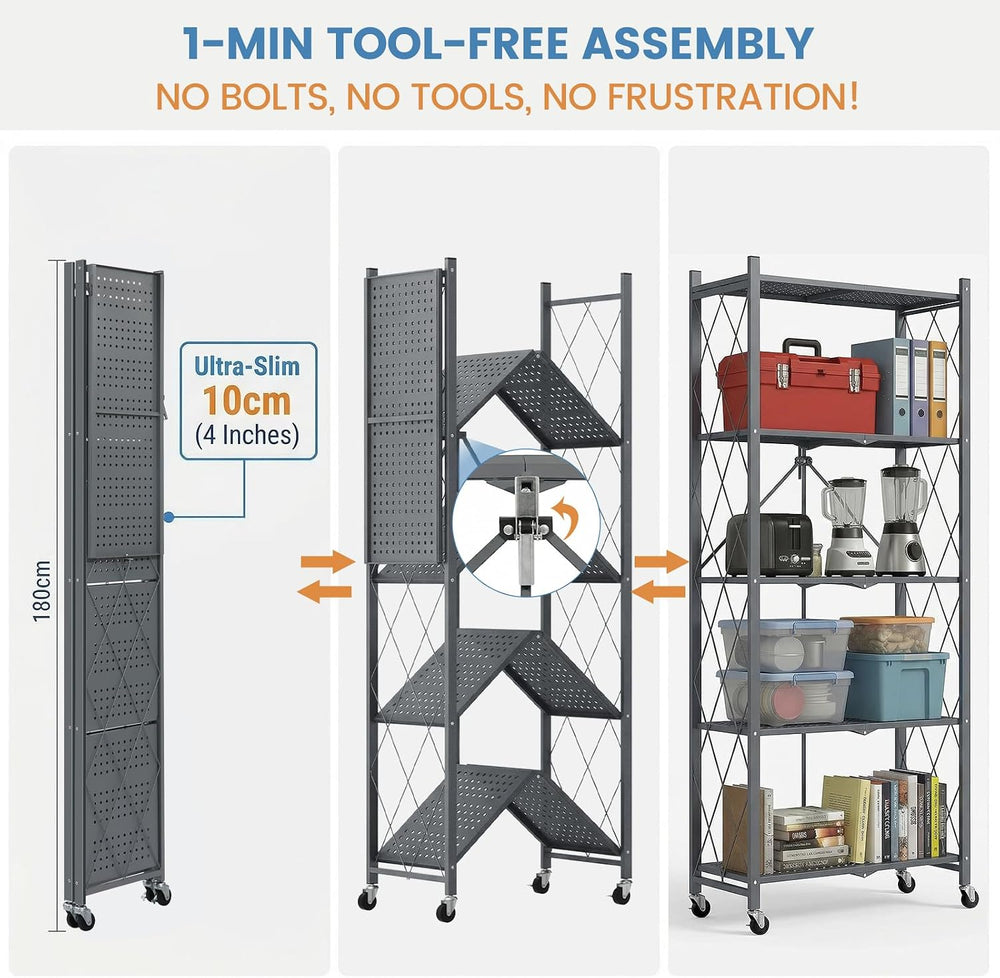 ALANNG 70.7" H Metal Storage Shelves, 5 Tier Folding Shelf on Wheels