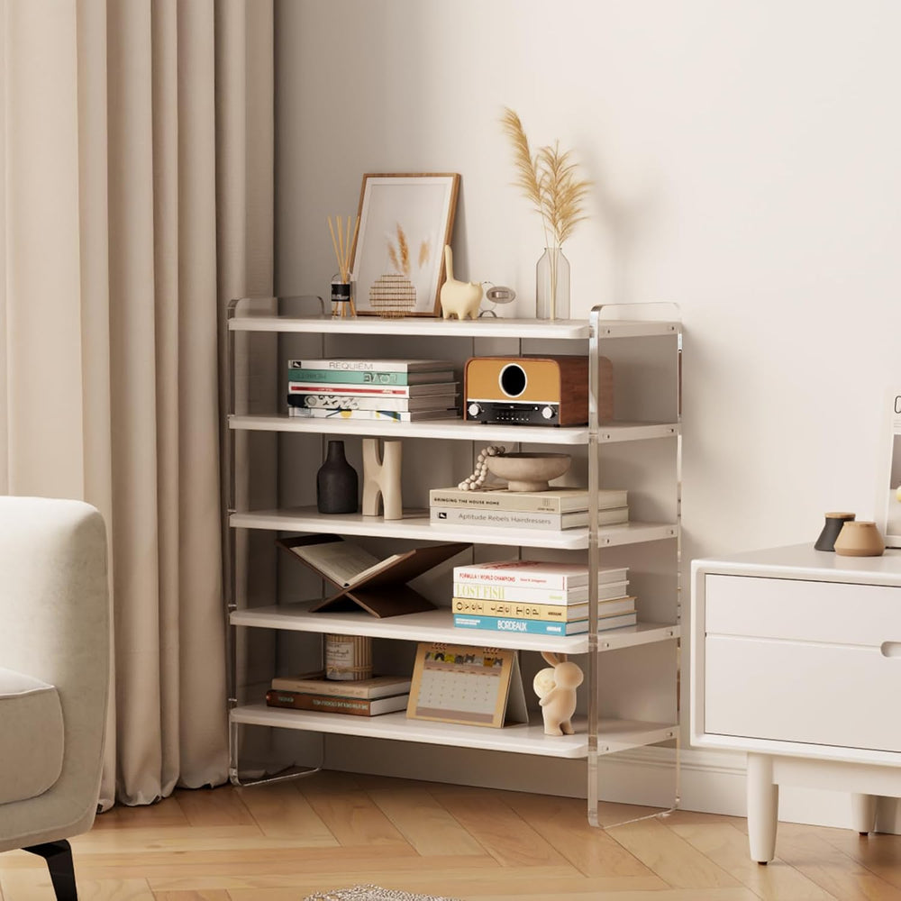 5-Tier Shoe Rack, Wood Acrylic Shoe Shelf, White, 29" W