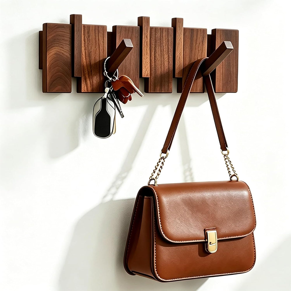 Coat Rack Wall Mount, Walnut 5 Flip-Down Picket Hanger Hooks for Entryway