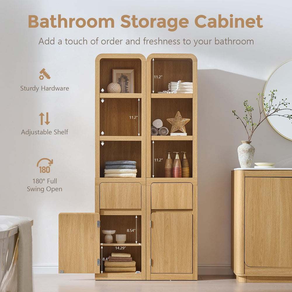 67" Tall Narrow Bathroom Storage Cabinet w/Door & Drawers, Natural