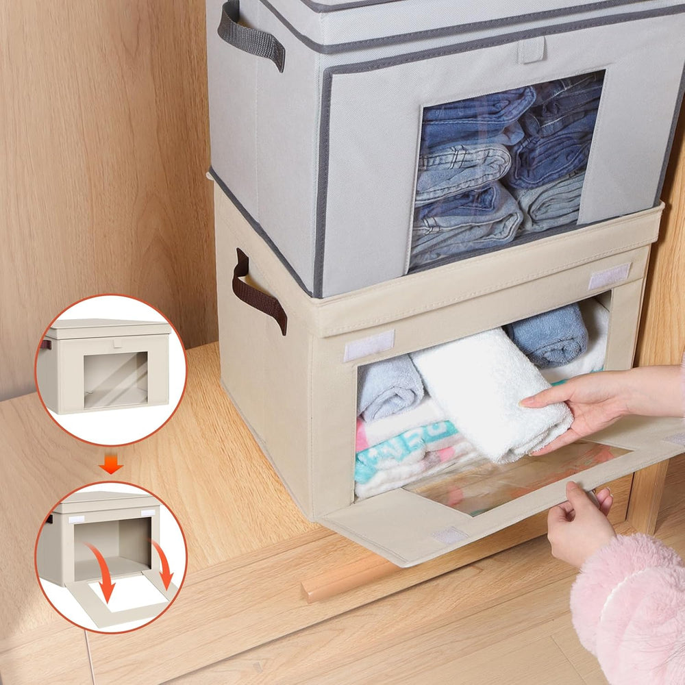 Univivi Front Opening Storage Bins with Lids for Closet, Beige, 4 Pack