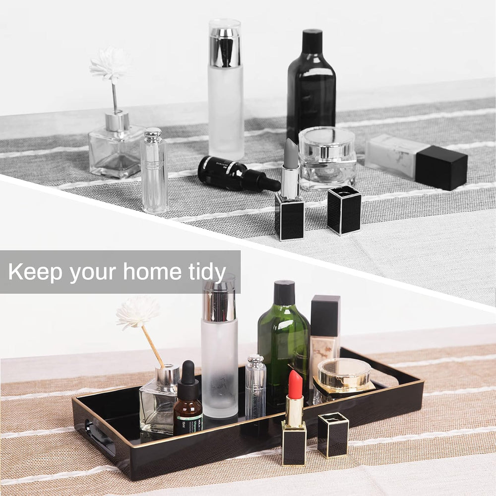 Black Vanity Tray Set of 2, Rectange Toilet Tank Trays with Handles
