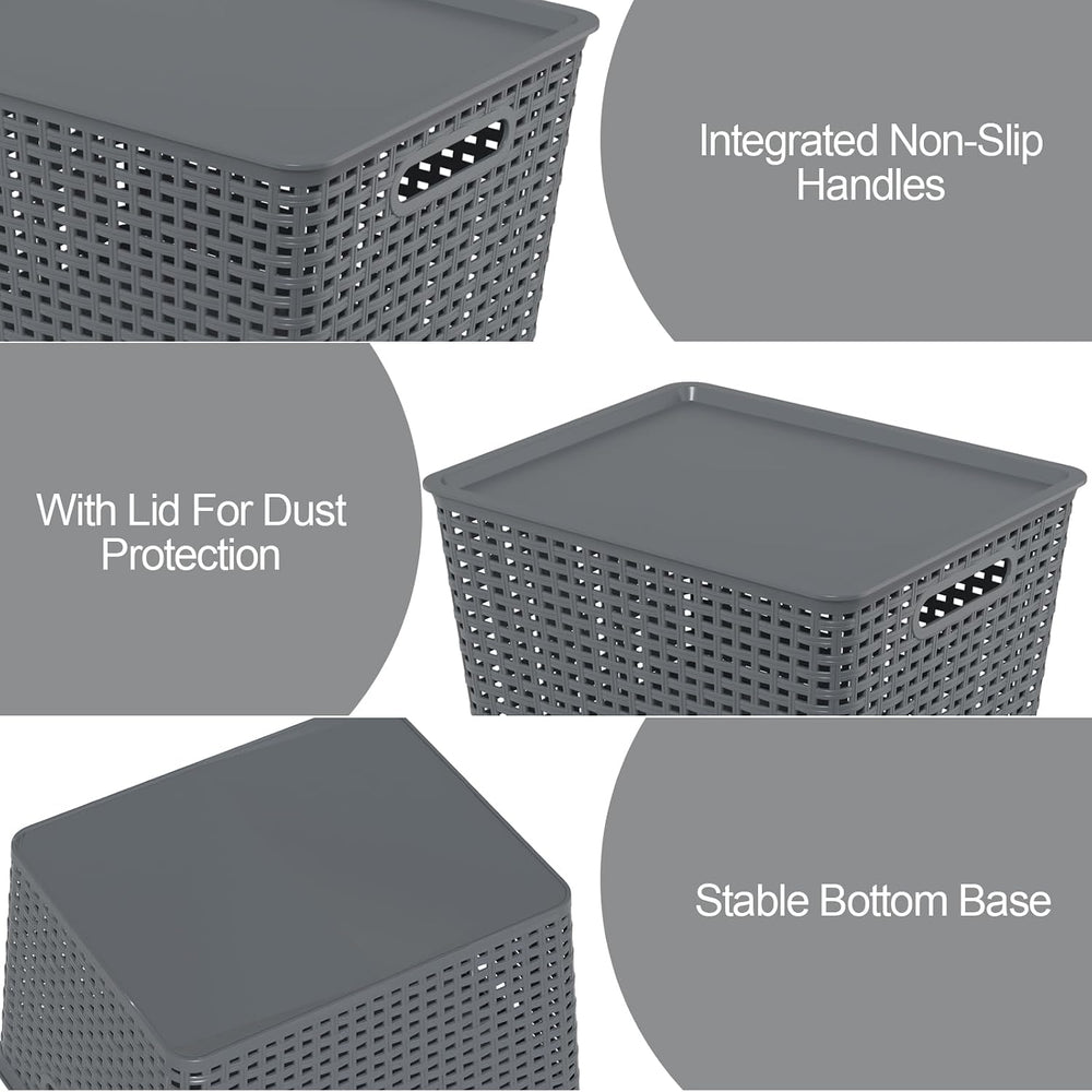 6 Packs Large Plastic Storage Basket Bin with Lid, Tall