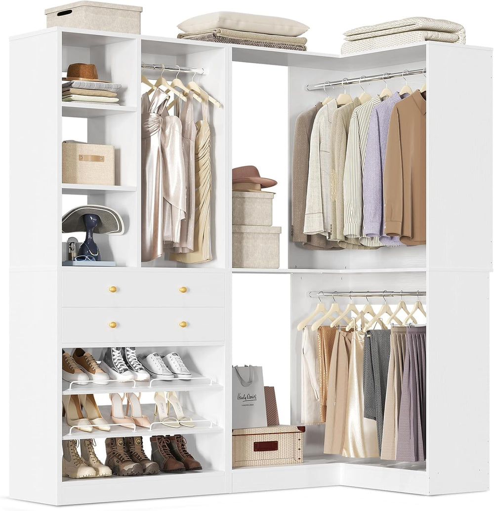 Besiost Corner Closet System with 2 Drawers, 3 Hanging Rods, 59.5" * 31....