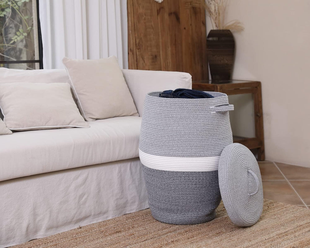 26"x20" Extra Large Tall Woven Laundry Basket with Lid, Cotton Rope...